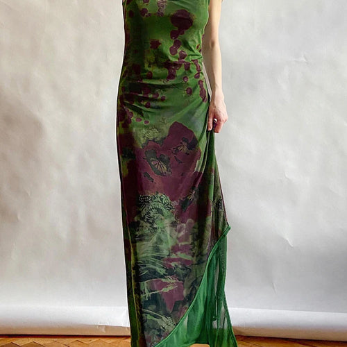 Load image into Gallery viewer, Asymmetrical Vintage Strap Green Print Floral Maxi Dress Fairycore Grunge Beach Sundress Sexy Long Dresses for Women
