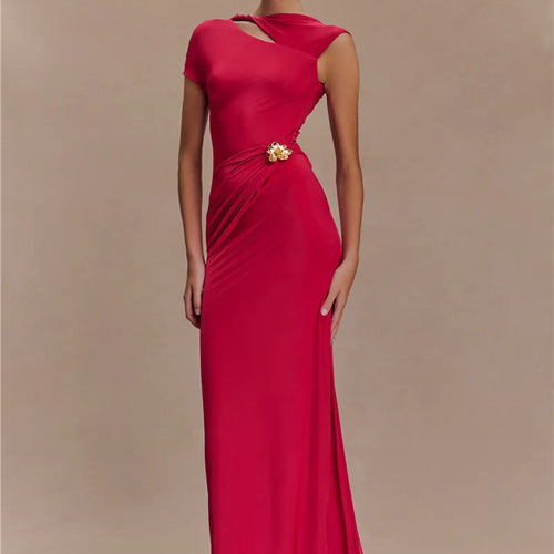 Load image into Gallery viewer, Hollow Out Gold Clasp Sexy Maxi Dress For Women Gown Solid Sleeveless Backless Ruched Bodycon Club Long Dress Elegant
