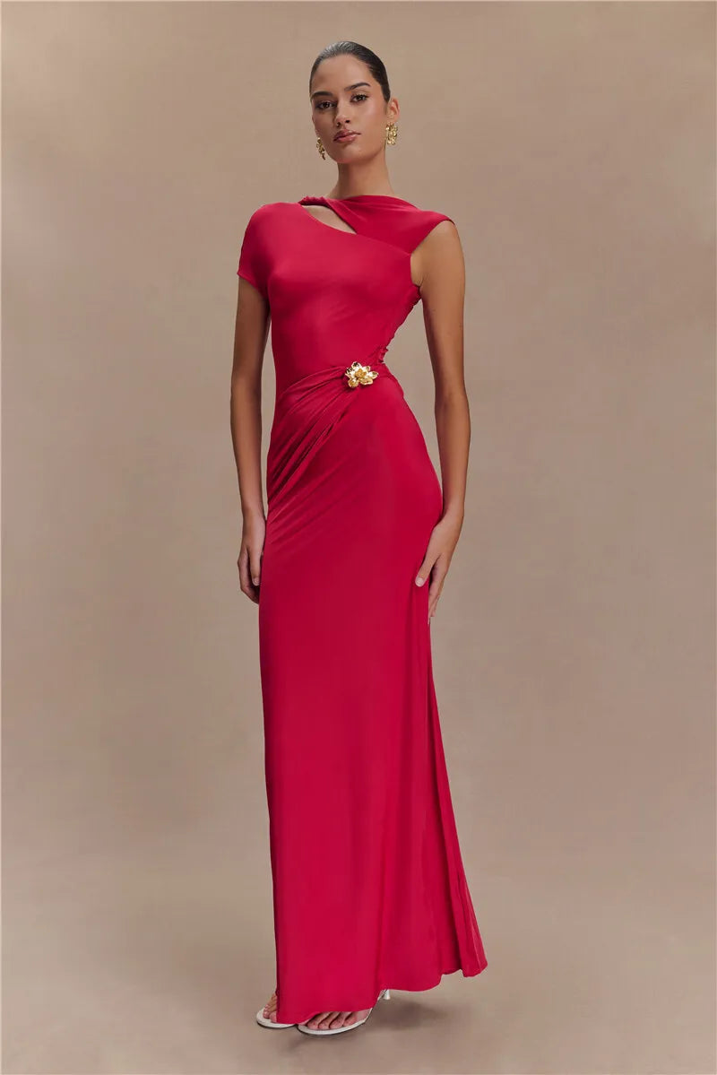 Hollow Out Gold Clasp Sexy Maxi Dress For Women Gown Solid Sleeveless Backless Ruched Bodycon Club Long Dress Elegant