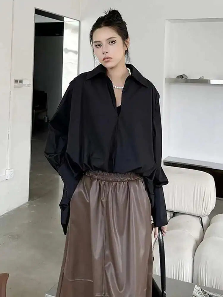 Women White Back Long Irregular Big Size Blouse New V-Neck Long Sleeve Shirt Fashion Tide Spring Autumn 2025 1DH6949