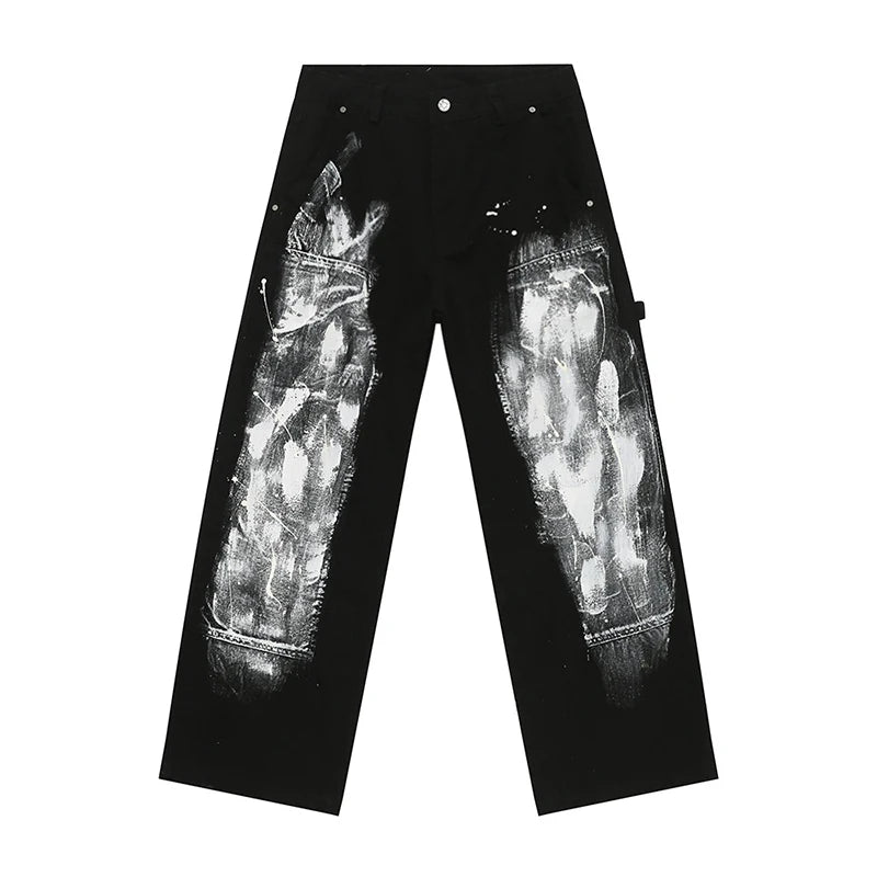 Men's Trousers Autumn Washed Graffiti Design Straight Jeans Trendy Wide Leg Denim Pants Contrast Color New Tide 2024 9C7287