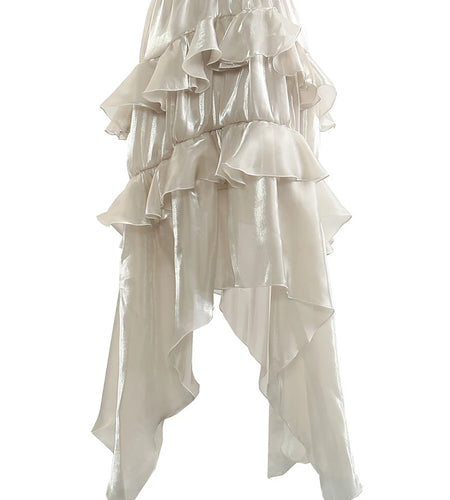 High Elastic Waist Champagne Glossy Ruffles Irregular Half-body Skirt Women Fashion Tide New Spring Autumn 2025 1DJ0349