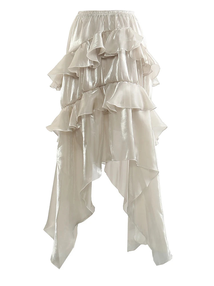 High Elastic Waist Champagne Glossy Ruffles Irregular Half-body Skirt Women Fashion Tide New Spring Autumn 2025 1DJ0349