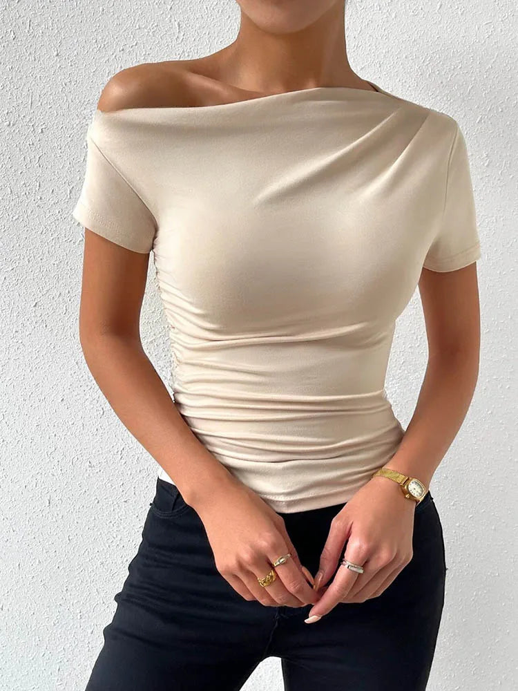 Women's One-Shoulder Ruched Short-Sleeve T-Shirt Summer Fashion Casual Solid Color Slim Fit Streetwear Top 2024