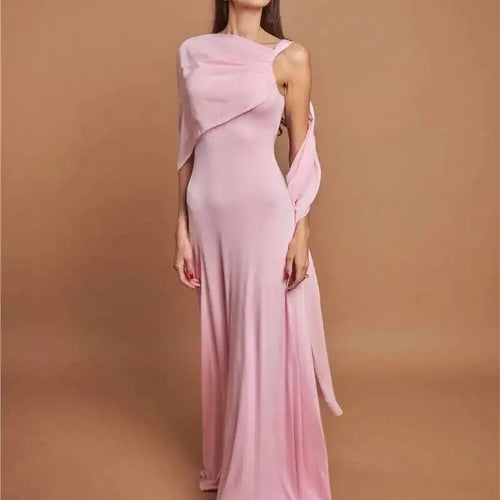 Load image into Gallery viewer, Pink Cape Sleeve Sexy Maxi Dress For Women Off-shoulder Backless Gown Elegant Skew Collar Lace-up Long Dress Vestido
