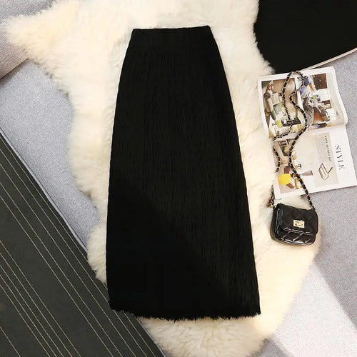 Load image into Gallery viewer, Women Solid Straight Slim Knitted Midi Skirt 2023 Autumn Winter Vintage Elegant Elastic High Waist Tassel Wrap Hip Skirts Female
