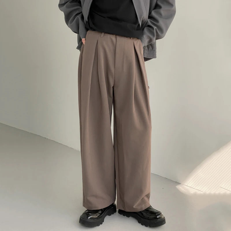 Summer Trendy Wide Leg Men's Suit Pants Korean Style Fashion Male Solid Color Straight Tube Casual Pleated Trousers 9A5350