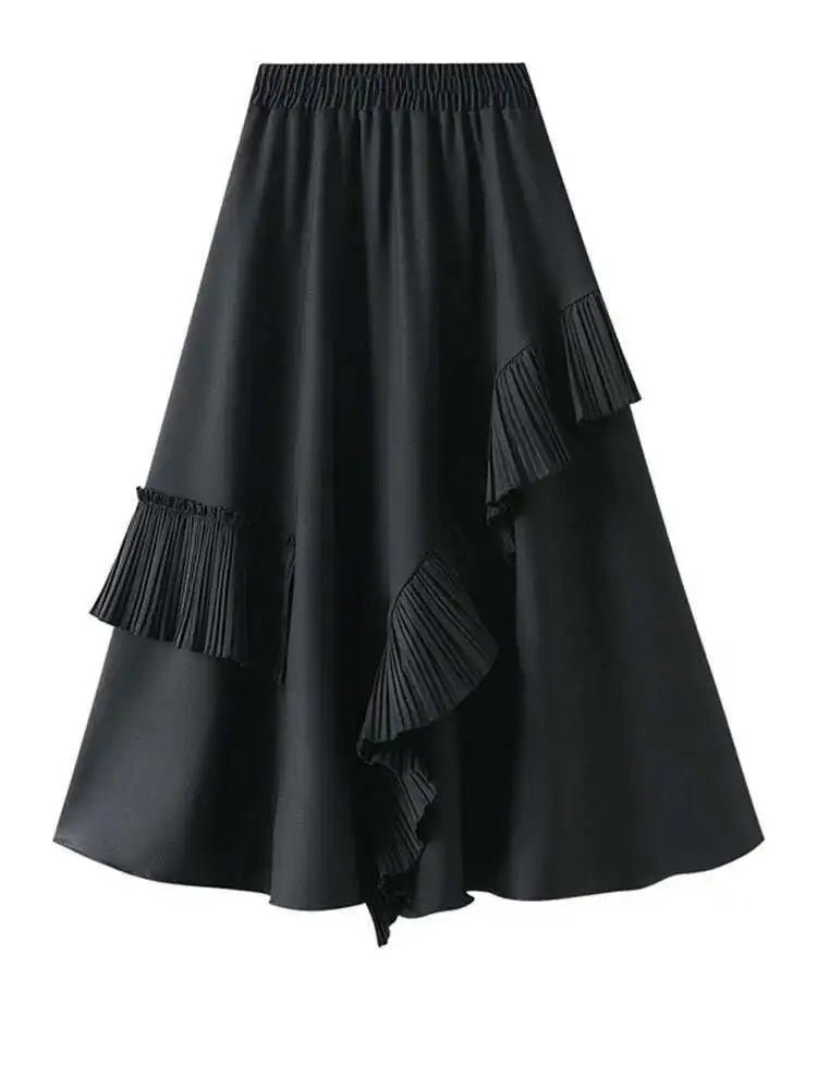 High Elastic Waist Coffee Pleated Ruffles Elegant Half-body Skirt Women Fashion Tide New Spring Autumn 2025  1DJ0431