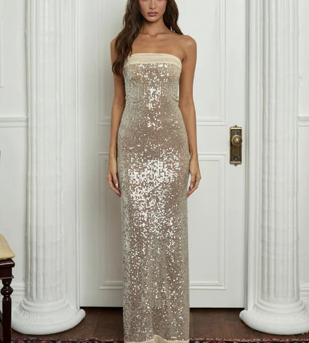 Sequin Strapless High Split Sexy Maxi Dress Women Elegant Off-shoulder Sleeveless Backless Sparkle Floor Length Dress