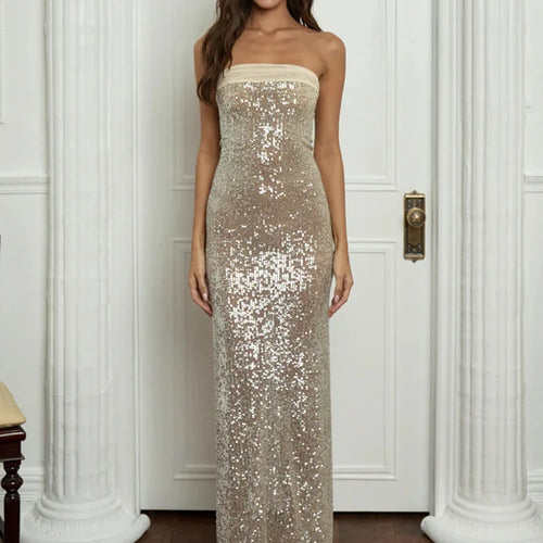 Load image into Gallery viewer, Sequin Strapless High Split Sexy Maxi Dress Women Elegant Off-shoulder Sleeveless Backless Sparkle Floor Length Dress
