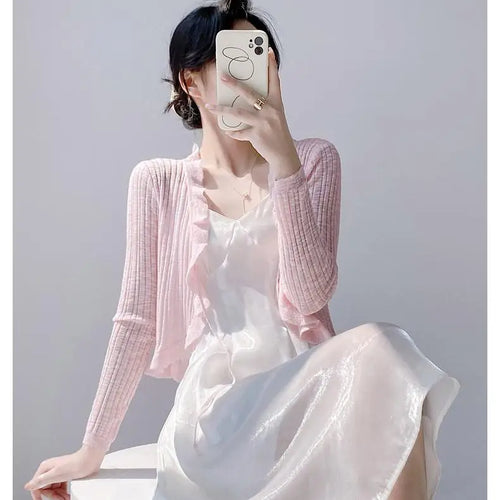 Load image into Gallery viewer, New Spring Summer Solid Long Sleeved Festival Elegant Slim Cardigan Knitted Tops Ladies Sun Protection Lace-up Ruffle Edge Coat
