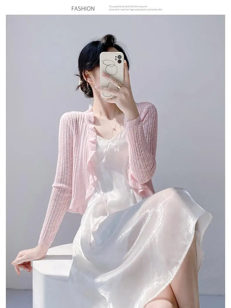 New Spring Summer Solid Long Sleeved Festival Elegant Slim Cardigan Knitted Tops Ladies Sun Protection Lace-up Ruffle Edge Coat