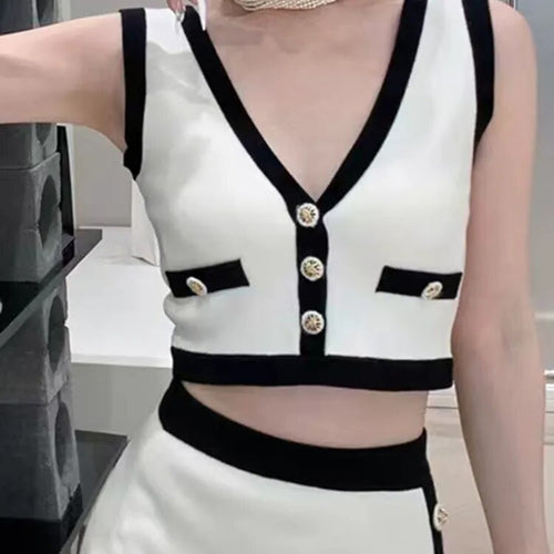 Load image into Gallery viewer, Hit Color Tank Tops For Women V Neck Sleeveless Patchwork Button Summer Vest Female Fashion Style Clothing
