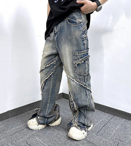 Male Jeans Summer New American High Street Edge Design Splicing Trendy Straight Leg Casual Patchwork Men's Pants 9W1866