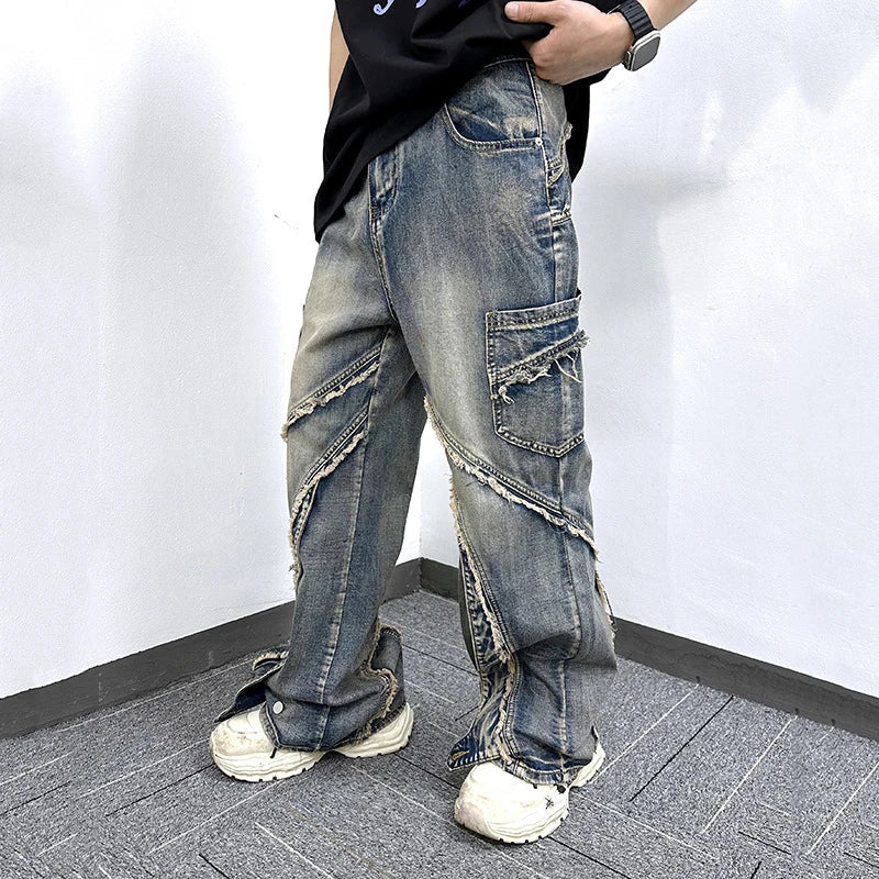 Male Jeans Summer New American High Street Edge Design Splicing Trendy Straight Leg Casual Patchwork Men's Pants 9W1866