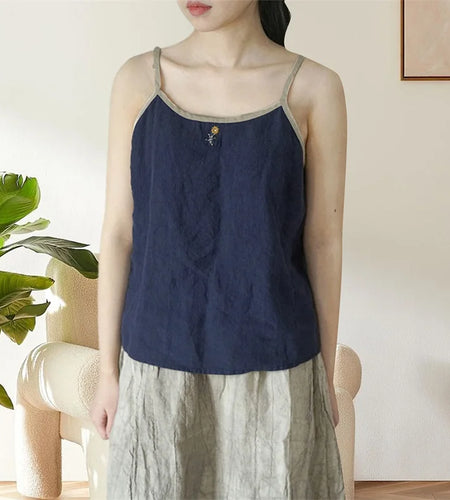 y2k Cami Tops Women Summer Clothes Floral Embroidery Spaghetti Strap Sleeveless Cotton Linen T Shirts 2000s Clothing
