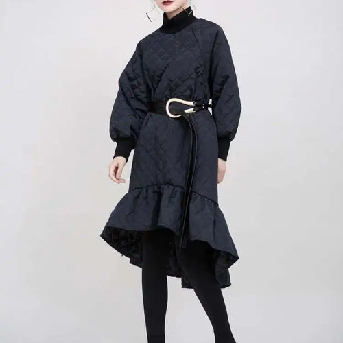 Load image into Gallery viewer, Women Black Cotton-padded Ruffles Dress New Turtleneck Long Sleeve Loose Fit Fashion Tide Autumn Winter 2025 1M9310
