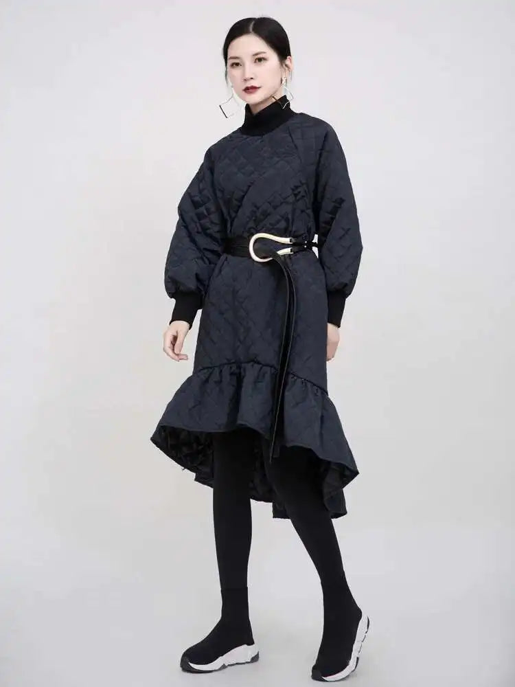 Women Black Cotton-padded Ruffles Dress New Turtleneck Long Sleeve Loose Fit Fashion Tide Autumn Winter 2025 1M9310