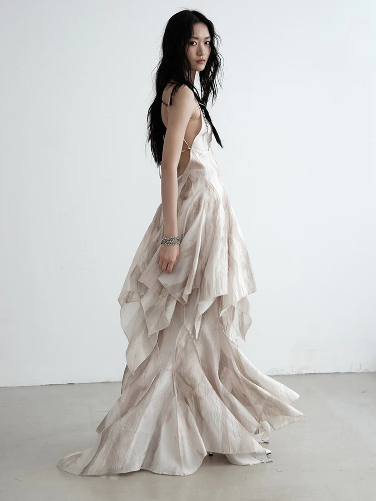 High Waist Apricot Printed Long Irregular Elegant Half-body Skirt Women Fashion Tide New Spring Autumn 2025 1DJ0013