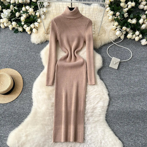 Load image into Gallery viewer, Korean Women Solid High Neck Straight Dresses Autumn Winter Slim Long Sleeve Office Knitted Dress Ladies Simplicity Popular Chic
