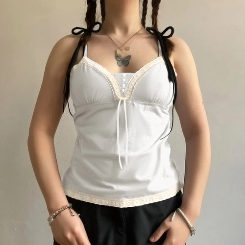 Load image into Gallery viewer, Strap Chic Y2K White Summer Cami Tops Lace Patchwork Bow Slim 2000s Aesthetic Bottons Women&#39;s Cropped Top Cute Tanks
