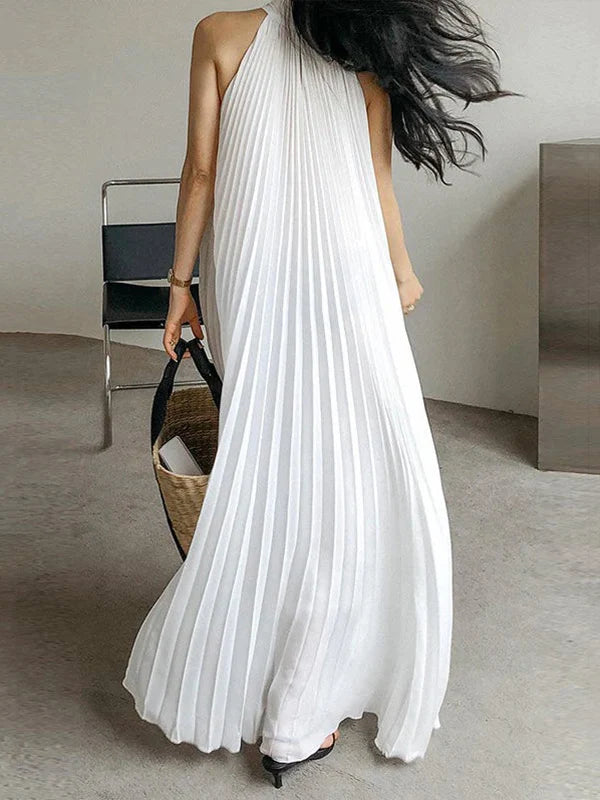 Summer Women Elegant Pleated Dresses Holiday Cocktail Party Birthday Halter Neck A-line Long White Dresses Woman
