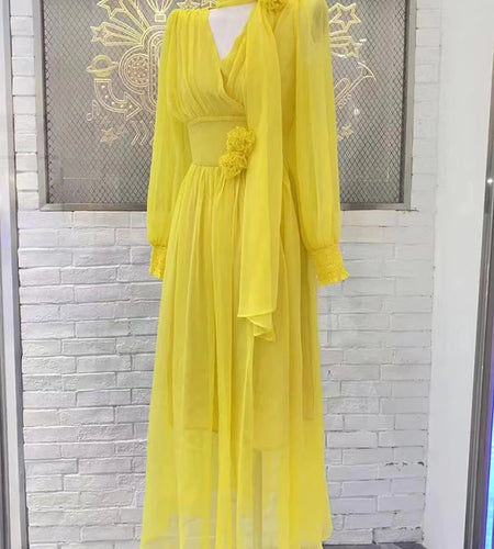 Elegant Solid Dress For Women V Neck Long Sleeve Gathered Waist Patchwork Flowers Casual Midi Dresses Female Spring Clothing