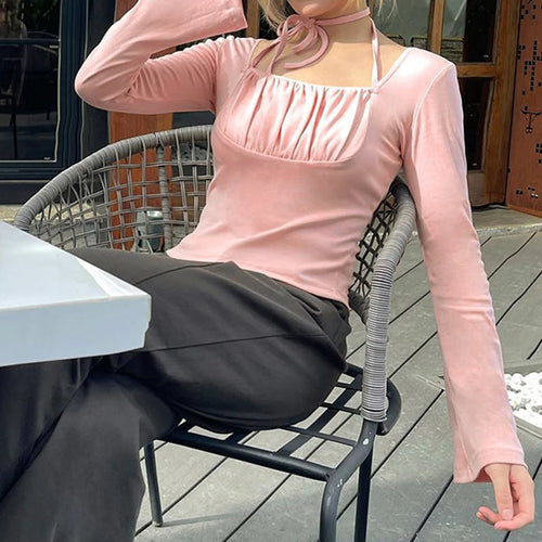 Load image into Gallery viewer, Sweet Pink Halter Flare Sleeve Women T-shirts Slim Korean Fold Autumn Tee Coquette Clothing Square Neck Top Cutecore

