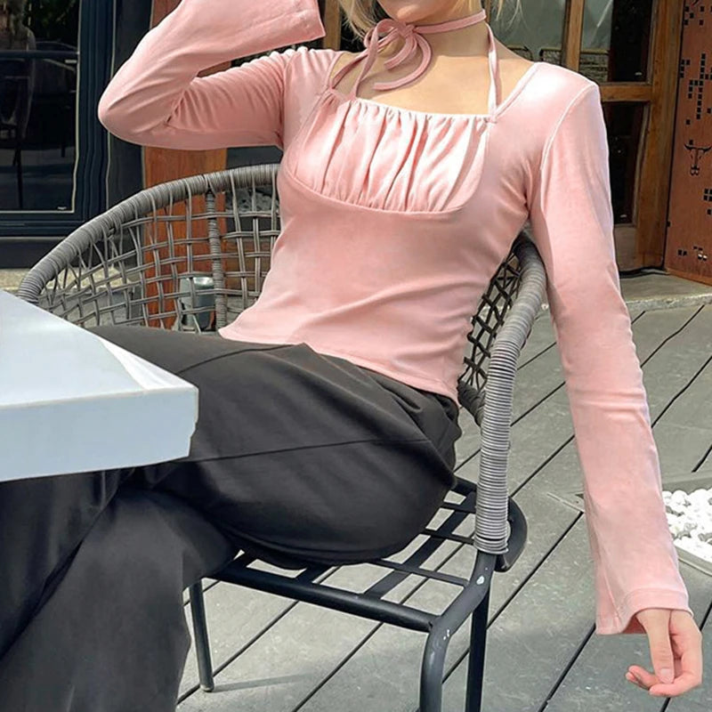 Sweet Pink Halter Flare Sleeve Women T-shirts Slim Korean Fold Autumn Tee Coquette Clothing Square Neck Top Cutecore