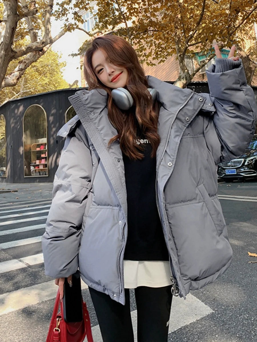 Winter Puffer Jackets Women Thick Warm Down Cotton Padded Coat Female Fashion Oversize Hooded Grey Loose Short Parkas Mujer 2023