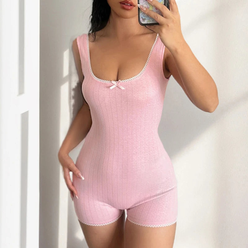 Sweet Pink Skinny One Piece Summer Playsuit Women Bodycon Sleeveless Cute Coquette Lace Trim Bow Rompers Basic Romper