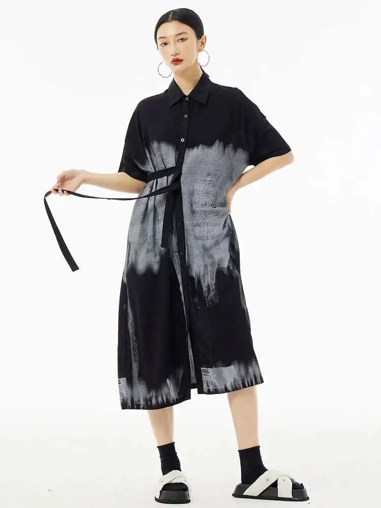 Women Green Pattern Printed Belted Big Size Shirt Dress New Lapel Short Sleeve Fashion Tide Spring Summer 2025  1DH5759