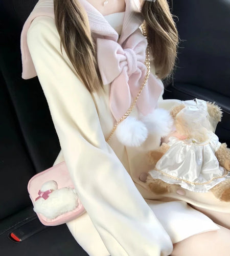 Kawaii Bow Sailor Collar Coat Women Y2k Aesthetic Single Breasted Jackets Sweet JK Lolita Trench Blends Coats Femme Autumn 2025