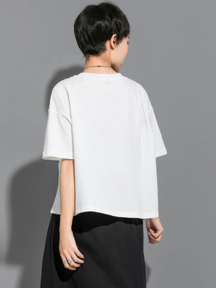 Women Black Button Pleated Irregular Big Size T-shirt New Round Neck Short Sleeve Fashion Tide Spring Summer 2025 1DJ1752