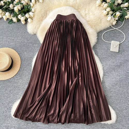 Load image into Gallery viewer, French Retro Women Fashion Solid Elegant Long Skirt Autumn Winter Elastic High Waist Popular Pleated Skirt Simplicity Streetwear
