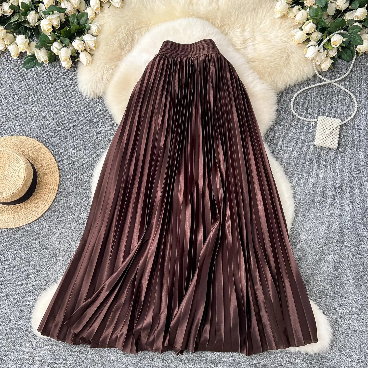 French Retro Women Fashion Solid Elegant Long Skirt Autumn Winter Elastic High Waist Popular Pleated Skirt Simplicity Streetwear