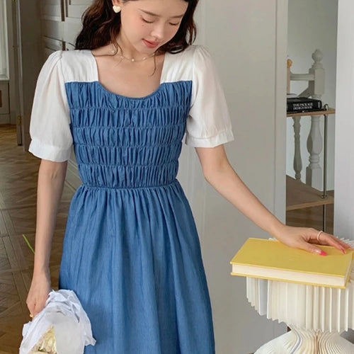 Load image into Gallery viewer, Blue Pleated High Waist Women&#39;s Dresses Elegant Spell Color Square Neck Sweet Summer Dresses Fashion Streetwear Outfits
