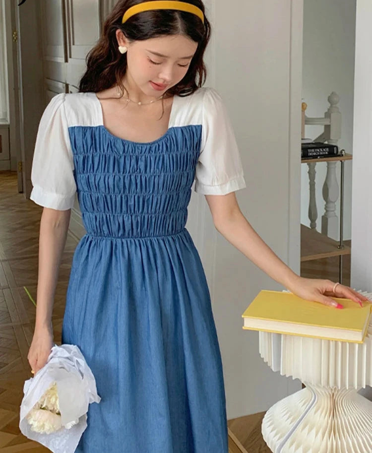 Blue Pleated High Waist Women's Dresses Elegant Spell Color Square Neck Sweet Summer Dresses Fashion Streetwear Outfits