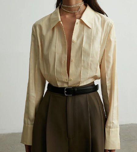 Solid Patchwork Single Breasted Minimalist Blouses For Women Lapel Long Sleeve Temperament Casual Blouse Female