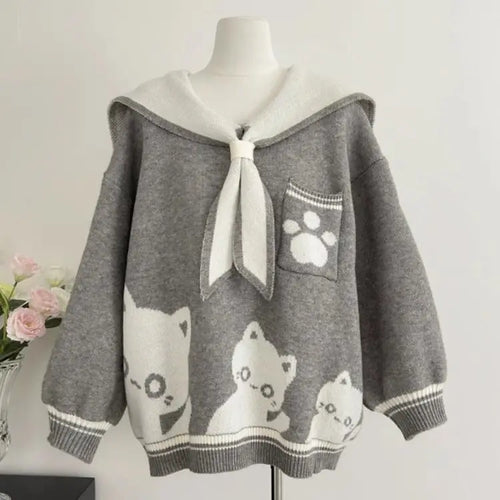 Load image into Gallery viewer, Preppy Style Grunge Kawaii Cute Cat Jacquard Sweaters Women Y2k Aesthetic Casual Loose Jumpers Autumn Contrast Color Pullovers
