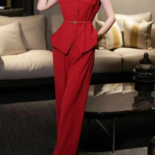 Load image into Gallery viewer, Solid Spliced Belt Two Piece Sets for Women Stand Neck Sleeveless Patchwork Button Top High Waist Pant Set Female
