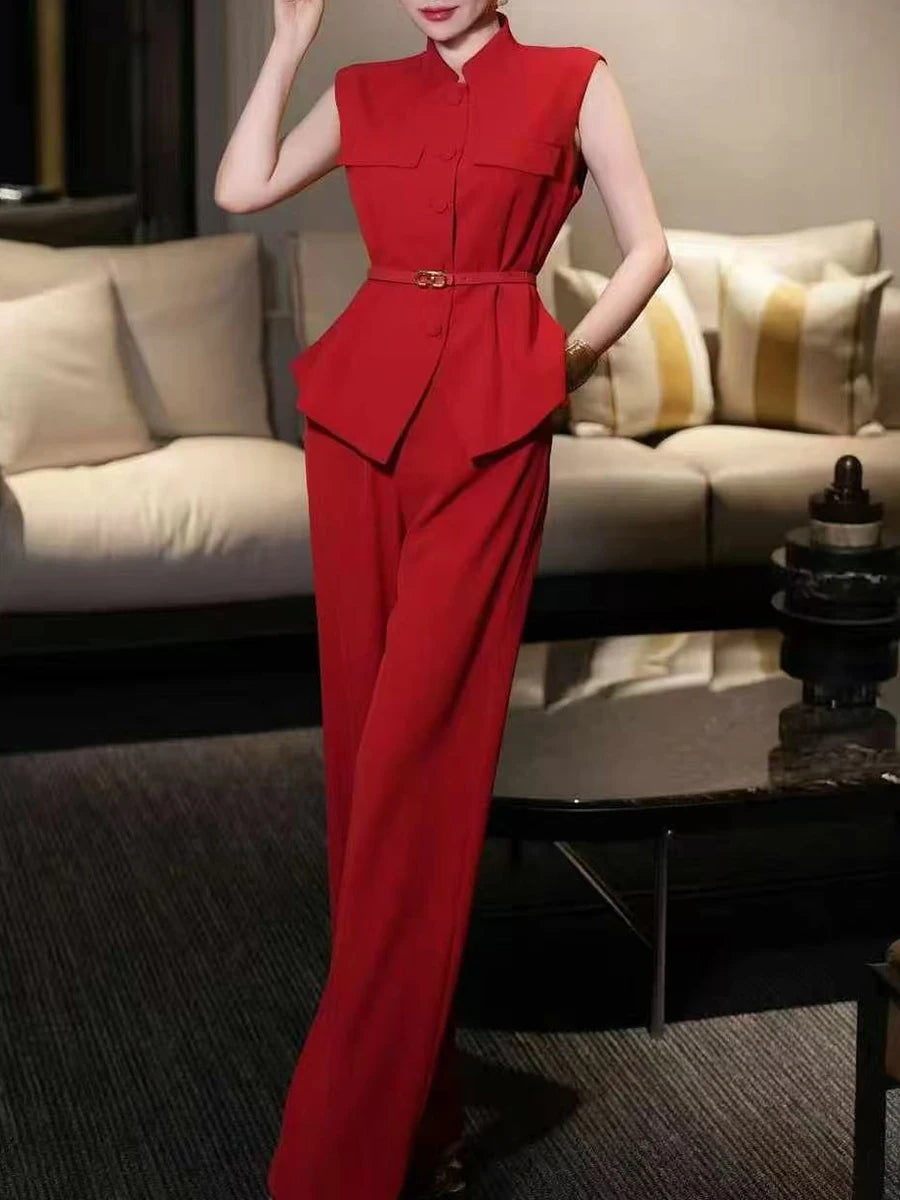 Solid Spliced Belt Two Piece Sets for Women Stand Neck Sleeveless Patchwork Button Top High Waist Pant Set Female