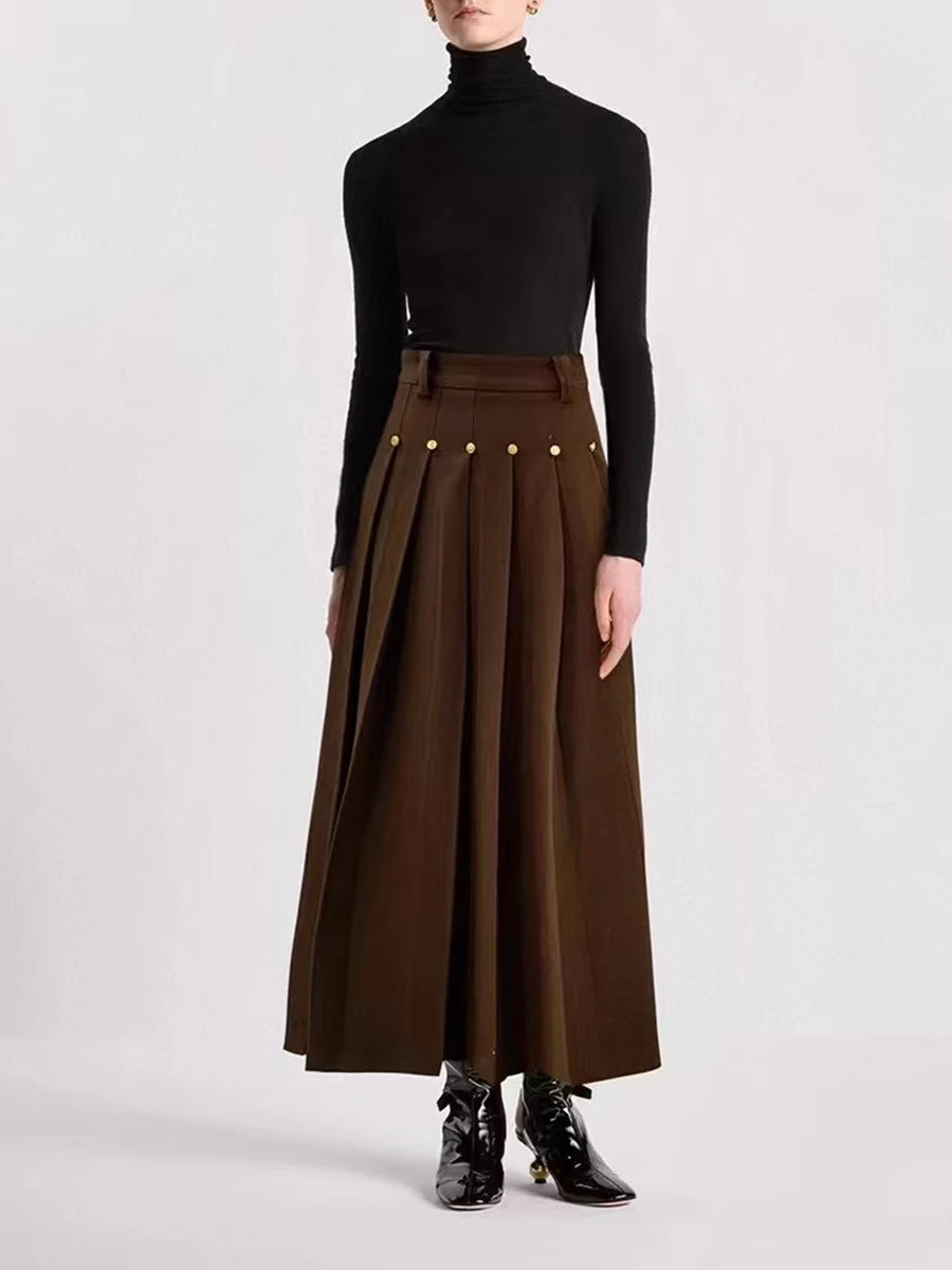 Solid Spliced Button Chic Skirts For Women High Waist Spliced Folds Temperament A Line Skirts Female Fashion New