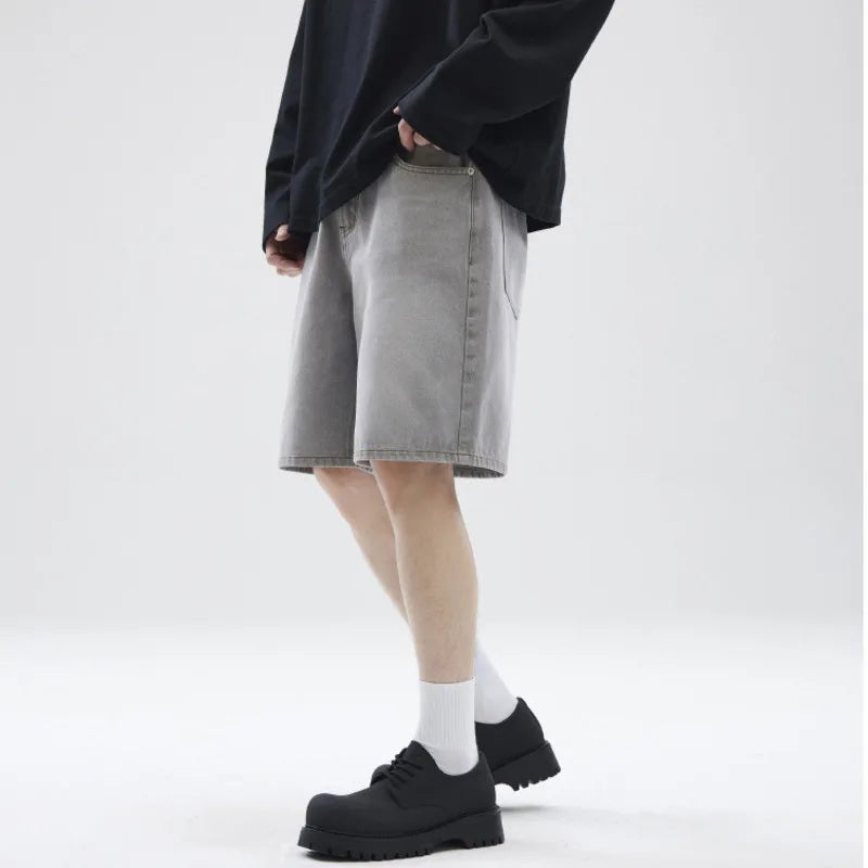 American Fashion Men's Denim Shorts Solid Color New Summer Male Loose Straight Leg Five Quarter Pants Trendy 2025 9W1348