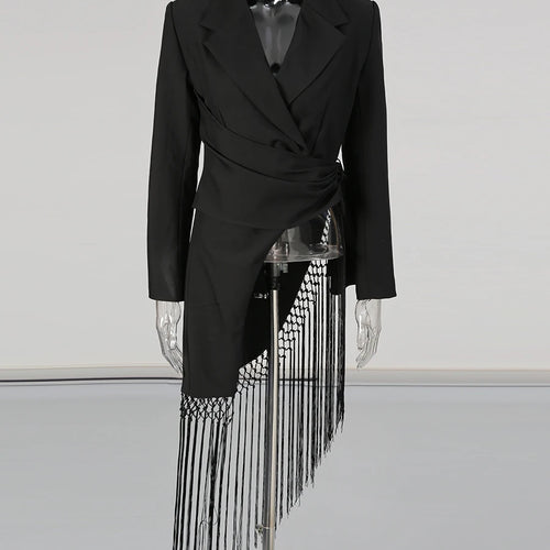 Load image into Gallery viewer, Solid Spliced Folds Irregular Jackets for Women Lapel Long Sleeves Patchwork Tassels Fashion Jacket Female Clothing
