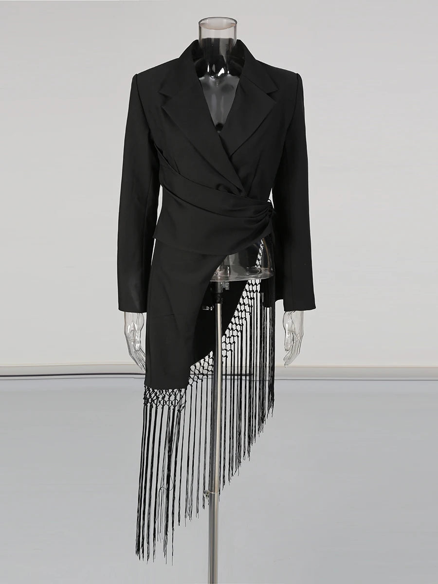 Solid Spliced Folds Irregular Jackets for Women Lapel Long Sleeves Patchwork Tassels Fashion Jacket Female Clothing