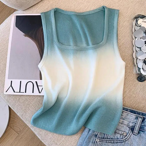 Load image into Gallery viewer, Korean Vintage Elegant Square-neck Gradient Knit Vest Summer Casual Sleeveless Short Tank Tops Women's Holiday Clothing Vestidos
