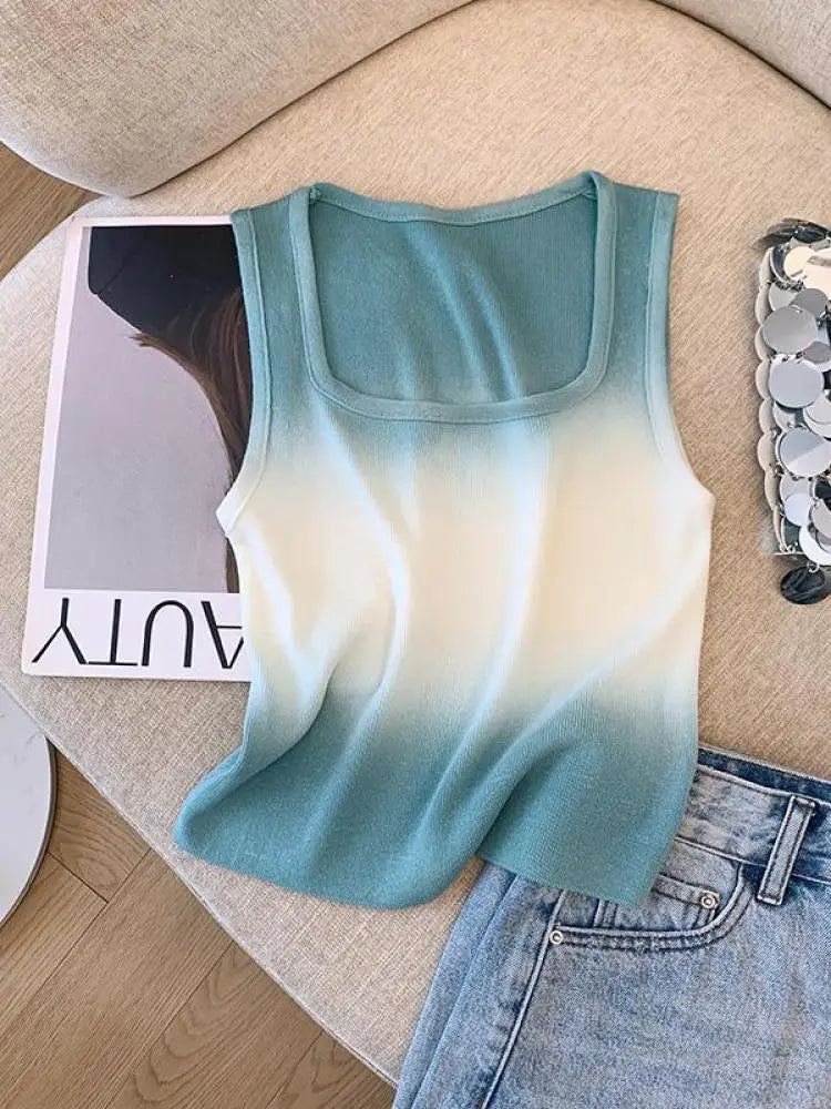 Korean Vintage Elegant Square-neck Gradient Knit Vest Summer Casual Sleeveless Short Tank Tops Women's Holiday Clothing Vestidos