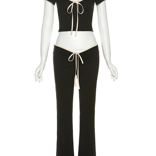 Load image into Gallery viewer, Daily Women New In Matching Sets Lace Up Short Sleeve Tops+V Shape Low Waist Flare Pants Temperament Streetwear Outfits
