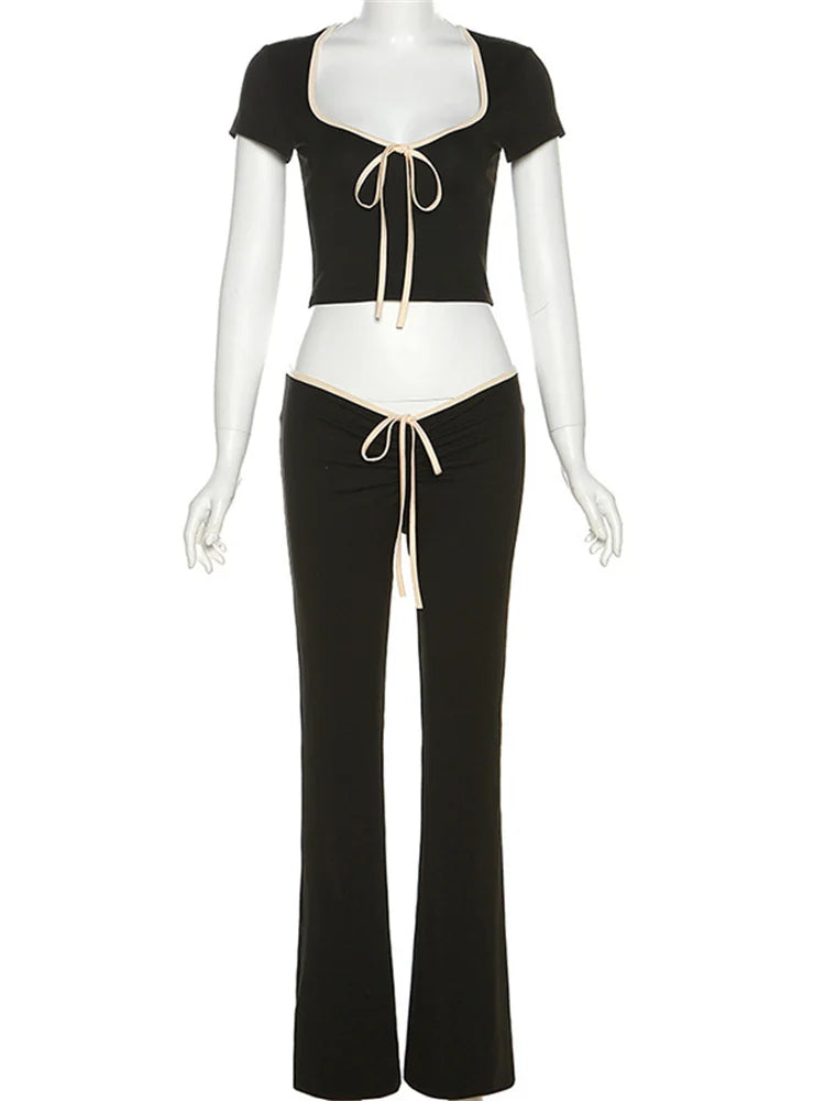 Daily Women New In Matching Sets Lace Up Short Sleeve Tops+V Shape Low Waist Flare Pants Temperament Streetwear Outfits